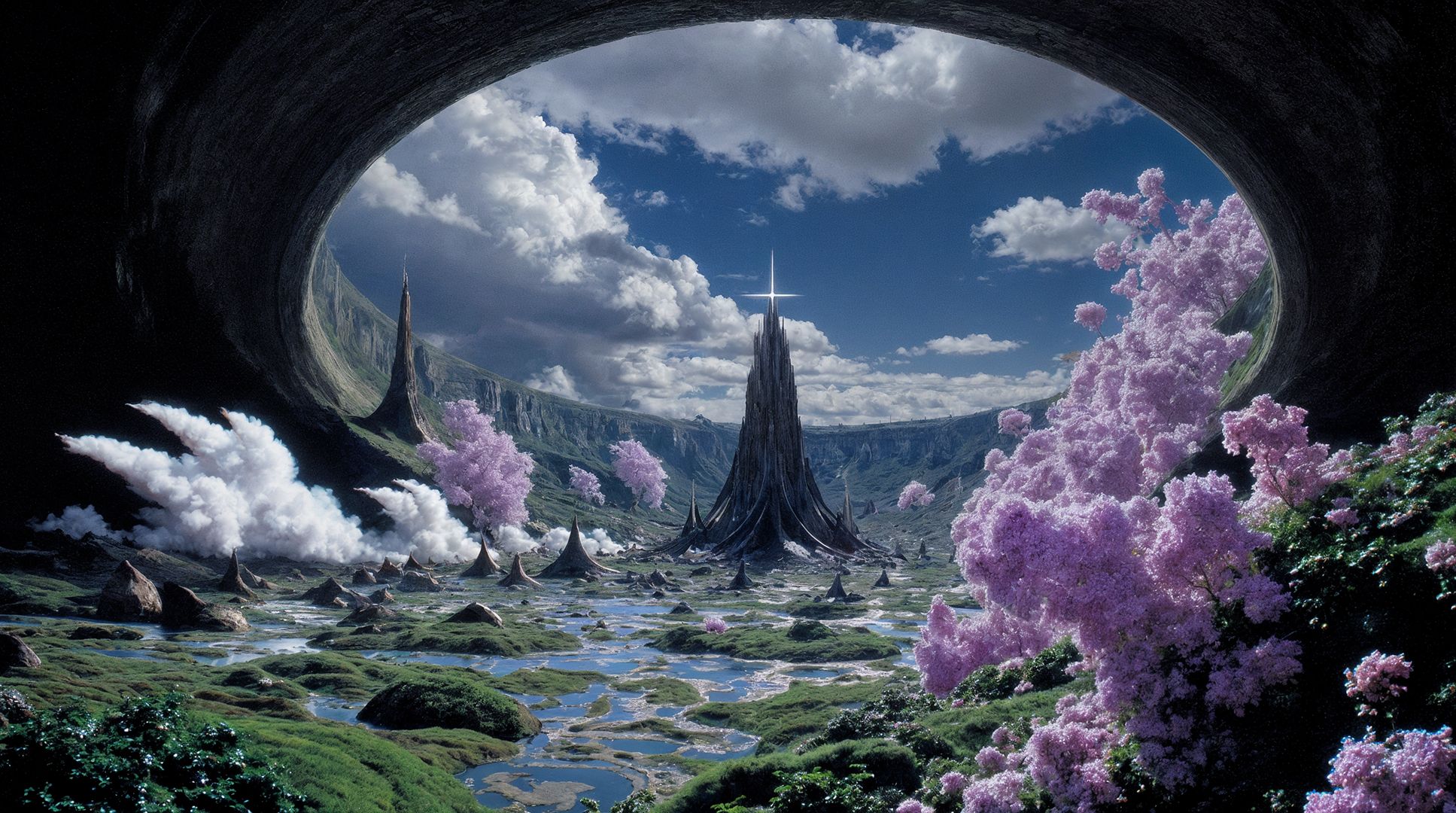A fantasy landscape inside a cave with a tower at the center, glowing at the top. Pink blossoming trees, and dramatic clouds under a bright sky.