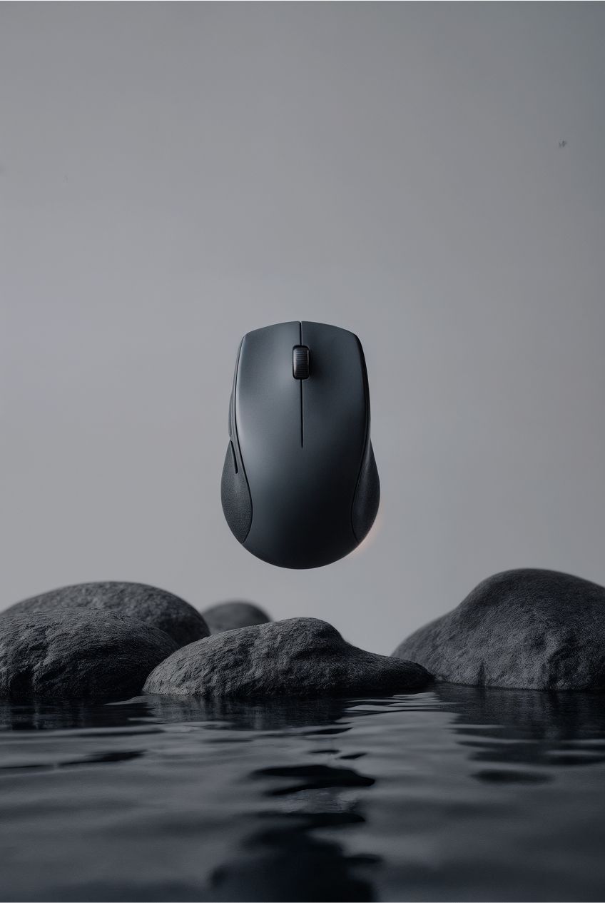 Hyperealistic industrial product photography style of wireless mouse levitating on clean soft studio gradient gray infinite studio background, with sharp rocks in the water.