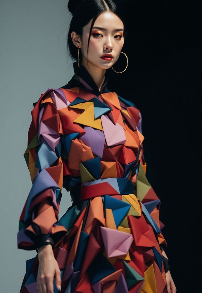 An model with a dress made of a geometric pattern